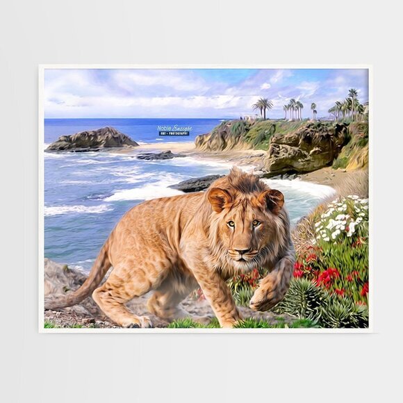 16x20 Lion Beach Ocean Landscape Fantasy Art Watercolor Oil Painting Poster - Picture 3 of 6